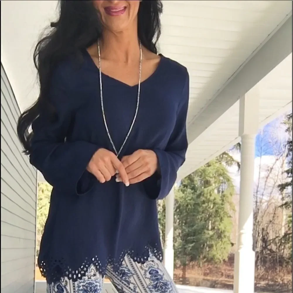 New Long sleeved wash satin v-neck top with cutout - Picture 1 of 10